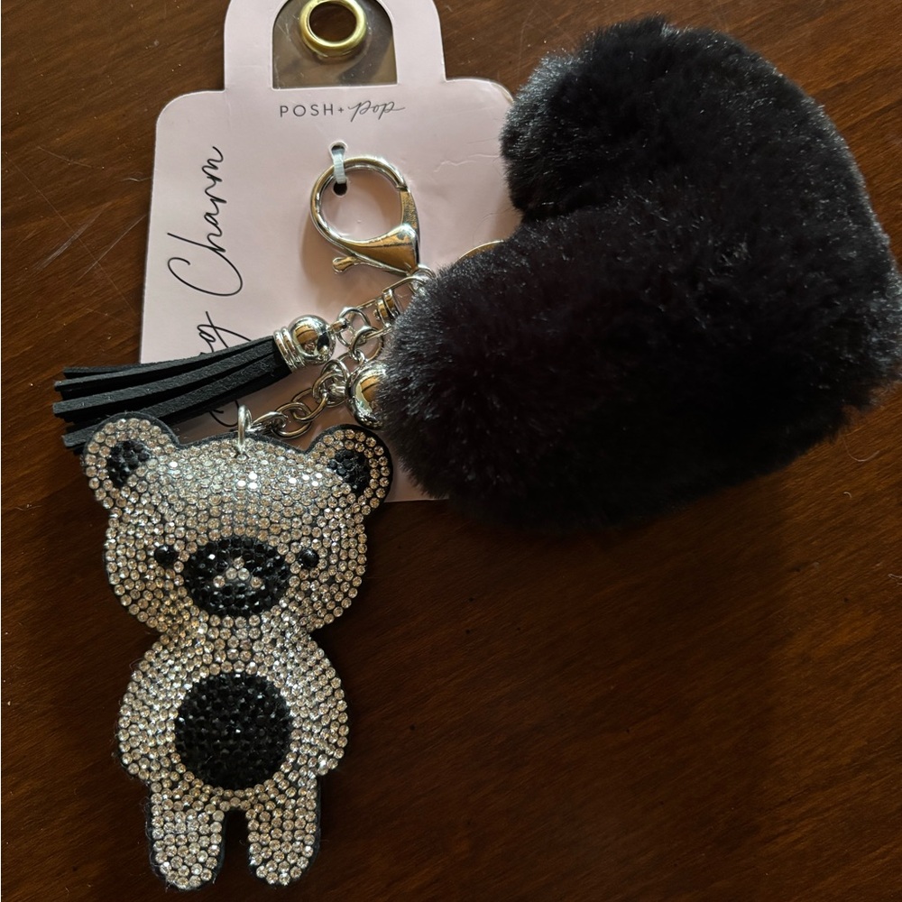 NWT Posh & Pop sparkly Black and Silver Bear Keychain/ bag charm